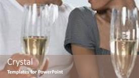  Presentation with flutes - Presentation design consisting of closeup of happy romantic couple with champagne flutes sitting at table background and a coral colored foreground