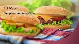  Presentation with burgers - Colorful theme enhanced with closeup of home made burgers on wooden table backdrop and a yellow colored foreground