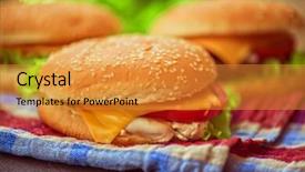  Presentation with burgers - Theme featuring closeup of home made burgers on wooden table background and a gold colored foreground