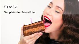 Presentation with cute birthday - Cool new slide deck with closeup of lovely cute curly girl with retro hairstyle eating piece of chocolate birthday cake with candle over white background backdrop and a cream colored foreground
