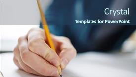  Presentation with hand holding pencil - Slide set with closeup of male hand holding pencil on blank paper drawing or writing background and a ocean colored foreground