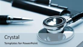  Presentation with clipboard stethoscope - Cool new PPT layouts with closeup of medical stethoscope backdrop and a light blue colored foreground