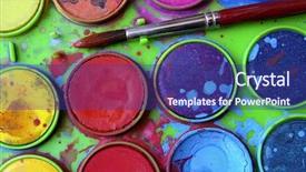  Presentation with water color - Beautiful presentation theme featuring closeup of messy used water-color paint-box and paint brush backdrop and a navy blue colored foreground
