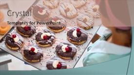  Presentation with donuts - Presentation design enhanced with closeup-of-mouth-watering-donuts background and a coral colored foreground