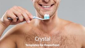  Presentation with toothpaste - Cool new presentation theme with closeup of naked cheerful young man holding toothbrush with toothpaste over grey background backdrop and a coral colored foreground