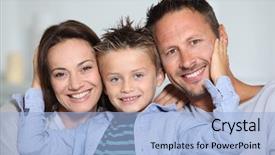  Presentation with parents - Cool new presentation with closeup of parents and child relaxing at home on sofa backdrop and a light blue colored foreground