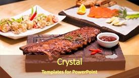  Presentation with ribs - Slide set consisting of closeup of pork ribs grill background and a tawny brown colored foreground