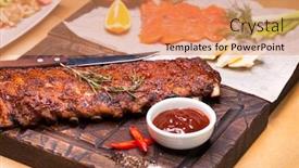  Presentation with bbq - Beautiful slide deck featuring closeup of pork ribs grilled with bbq sauce tasty snack to beer on a wooden board for filing backdrop and a coral colored foreground