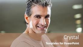  Presentation with club - Audience pleasing presentation theme consisting of closeup of portrait of mature man smiling at health club backdrop and a coral colored foreground