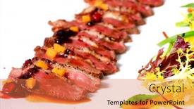  Presentation with food - Audience pleasing PPT theme consisting of closeup-of-professionally-prepared-food backdrop and a coral colored foreground