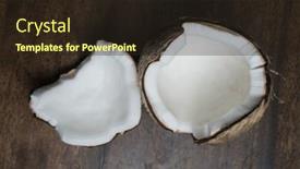  Presentation with coconut - Colorful slide set enhanced with closeup of ripe half coconut isolated on wooden table background backdrop and a wine colored foreground