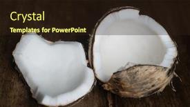  Presentation with coconut - Colorful slide deck enhanced with closeup of ripe half coconut isolated on wooden table background backdrop and a wine colored foreground