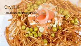  Presentation with salmon fish - PPT theme having closeup of salad with salmon fish at fried sliced potato with carrot and peas dressed by tomato sauce with cognac background and a yellow colored foreground