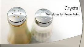  Presentation with table salt - Theme featuring closeup of salt and pepper bottles on a table with white tablecloth background and a white colored foreground