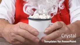  Presentation with hot chocolate - Colorful theme enhanced with closeup of santa claus holding a mug of hot fresh hot chocolate with marshmallows in both hands backdrop and a violet colored foreground