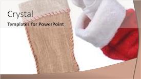  Presentation with christmas stocking - Colorful PPT theme enhanced with closeup of santa claus holding a rustic burlap christmas stocking in his fingers hand and arm only isolated on a white background backdrop and a lemonade colored foreground