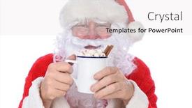  Presentation with hot chocolate - Presentation theme with closeup of santa claus holding a mug of hot chocolate with marshmallows and cinnamon sticks isolated on white background and a white colored foreground