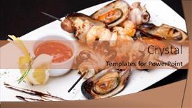  Presentation with kebab - Theme with closeup of seafood kebab and mussel background and a coral colored foreground
