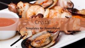  Presentation with kebab - Audience pleasing theme consisting of closeup of seafood kebab and mussel backdrop and a coral colored foreground