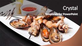  Presentation with kebab - PPT layouts having closeup of seafood kebab and mussel background and a dark gray colored foreground