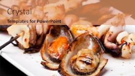  Presentation with kebab - Presentation consisting of closeup of seafood kebab and mussel background and a coral colored foreground