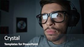  Presentation with headphones - Theme with closeup of serious young man background and a tawny brown colored foreground