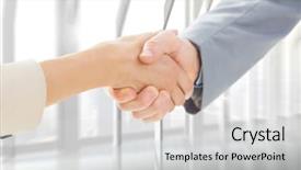  Presentation with shaking hands - Beautiful slide set featuring closeup of shaking hands after business meeting against room with large window looking on city backdrop and a light gray colored foreground