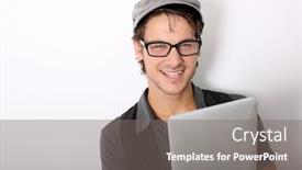  Presentation with funky - PPT theme with closeup of smiling funky guy using tablet background and a gray colored foreground