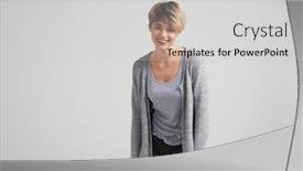  Presentation with haircut - PPT theme consisting of closeup of smiling pretty woman with stylish short haircut looking at camera background and a light gray colored foreground