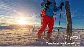  Presentation with winter sports - Beautiful presentation featuring closeup of snowboarder walking on snowshoes in powder snow european alpine scenery winter sports and activities backdrop and a tawny brown colored foreground