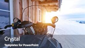  Presentation with log cabin winter - Slide deck enhanced with closeup of snowmobile parking next background and a ocean colored foreground