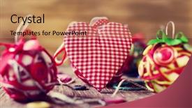  Presentation with ornament - Presentation theme consisting of closeup of some different handmade christmas ornaments such as a heart-shaped ornament and some christmas balls made with string ribbon and buttons on a rustic wooden surface background and a coral colored foreground