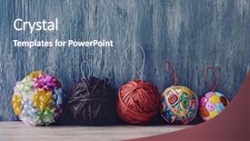  Presentation with strings - Amazing slides having closeup of some handmade christmas balls made with ribbon bow strings and buttons of different colors on a rustic wooden surface backdrop and a ocean colored foreground