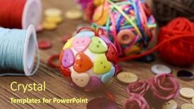  Presentation with strings - Presentation theme enhanced with closeup of some handmade christmas balls made with ribbon bow strings and buttons of different colors and a pile of different haberdashery items on a rustic wooden table background and a tawny brown colored foreground