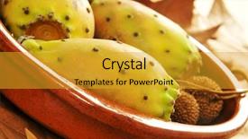  Presentation with pear - Colorful presentation design enhanced with closeup of some prickly pear fruits in a earthenware bowl backdrop and a gold colored foreground