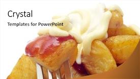  Presentation with hot sauce - Audience pleasing slide deck consisting of closeup of some typical spanish patatas bravas fried potatoes with a hot sauce on a white background backdrop and a white colored foreground