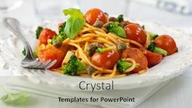  Presentation with italian cuisine - Presentation theme having closeup of spaghetti with cherry tomatoes broccoli capers and fresh basil italian food italian cuisine home made food symbolic image concept for a tasty vegetarian dish close up background and a light gray colored foreground