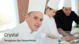  Presentation with catering - Cool new slide deck with closeup of student in catering school backdrop and a light gray colored foreground