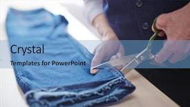  Presentation with jeans - Amazing slide deck having closeup of tailor cutting jeans backdrop and a light blue colored foreground