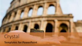  Presentation with rome - Cool new slides with closeup of the hand of a caucasian man holding a miniature of the flavian amphitheatre or colosseum in rome italy in front of the famous landmark backdrop and a gold colored foreground