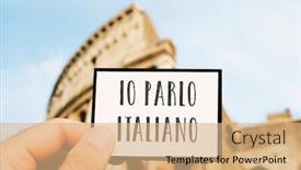  Presentation with rome - Theme enhanced with closeup of the hand of a caucasian man holding sign with the text io parlo italiano i speak italian written in italian in front of the flavian amphitheatre or colosseum in rome italy background and a coral colored foreground