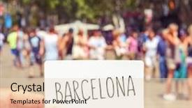  Presentation with signboard - PPT theme having closeup of the hand of a young man showing a signboard with the word barcelona at the famous las ramblas in barcelona spain background and a lemonade colored foreground