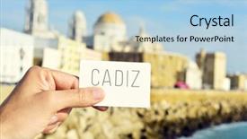  Presentation with signboard - Amazing slide set having closeup of the hand of a young man showing a signboard with the word cadiz in the city of cadiz spain bordered by the mediterranean sea and its cathedral in the background backdrop and a light blue colored foreground