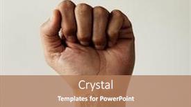  Presentation with slogan - Cool new PPT theme with closeup-of-the-raised-fist backdrop and a coral colored foreground