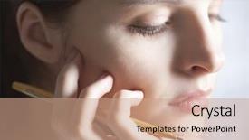  Presentation with pen - Presentation theme with closeup of thoughtful young woman with pen resting hand on chin background and a coral colored foreground