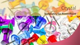  Presentation with colorful - Theme featuring closeup-of-transparent-colorful-pushpins background and a yellow colored foreground