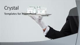  Presentation with waiter - Presentation having closeup of tray with money background and a light gray colored foreground