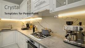  Presentation with kitchen furniture - PPT layouts consisting of closeup-of-white-modern-kitchen background and a  colored foreground