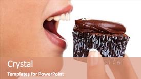  Presentation with cupcake - Cool new PPT layouts with closeup of woman eating chocolate backdrop and a coral colored foreground