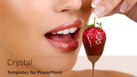  Presentation with chocolate strawberry - Presentation theme enhanced with closeup of woman eating strawberry in chocolate background and a coral colored foreground